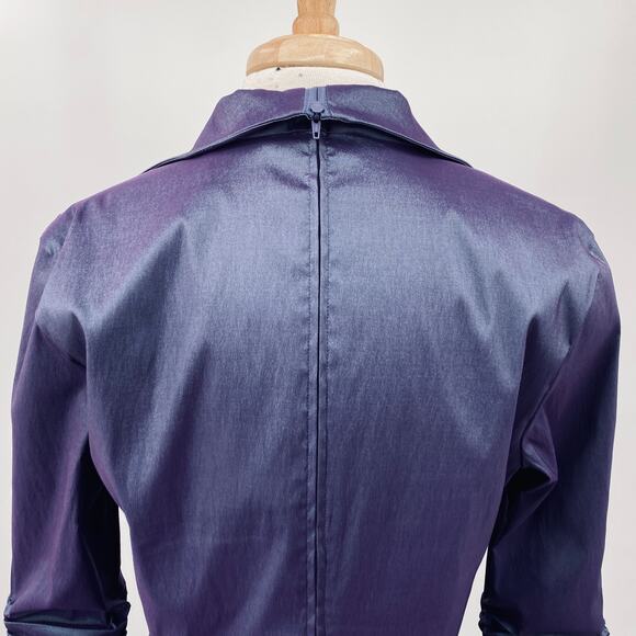 Tadashi Shoji Taffeta Twist Front Blouse Dramatic Wing Collar Slate Blue 14 - Picture 10 of 13